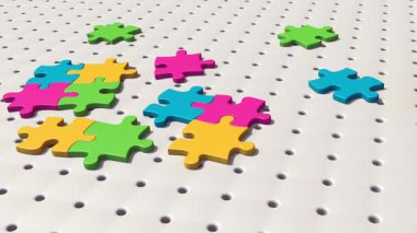 Üç boyutlu insan eli tahta üzerinde renkli yapboz parçaları birleştiriyor. Bulmaca çözme kavramı, karmaşık problemler, geliştirme veya işbirliği. 3 boyutlu görselleştirme, çizgi film.