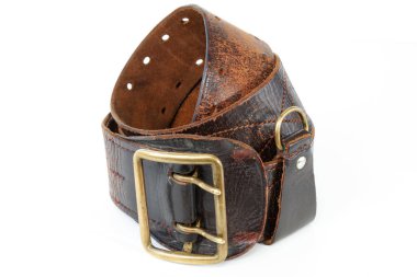Leather belt with a copper buckle for uniform, military officer's belt, on a white isolated background