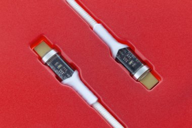 Bilgisayarı cihazlarla şarj etmek ve senkronize etmek için modern bir konnektörü olan evrensel USB tip-C 100 W kablo. Paketlemede kırmızı arkaplanda.