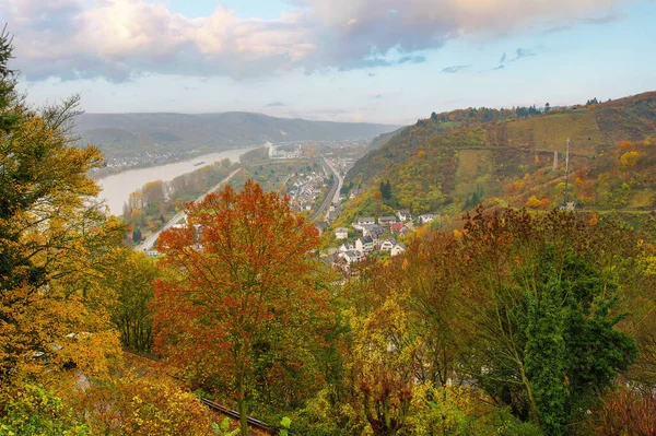 Панорамный Вид Замка Марбург Показывающий Потрясающую Долину Рейна Германии Осенние — стоковое фото