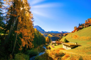 Picturesque autumn landscape in Val Gardena, Dolomite Alps, Italy. Golden larch trees frame a stunning view of mountain chalets, green slopes, and distant peaks under a clear blue sky clipart