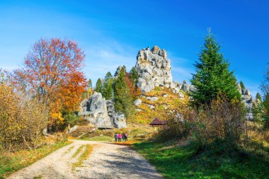 Ukrayna 'nın Karpat Dağları' ndaki Tustan kaya kalesinin canlı sonbahar yapraklarıyla çevrili manzarası. Turistler dolambaçlı bir yol boyunca tarihi yerleri keşfediyorlar