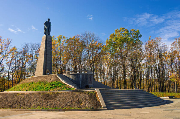Monument to Taras Shevchenko, Ukrainian poet, writer, artist, public and political figure, located on Chernecha Hill overlooking the Dnieper River in Kaniv, Ukraine, during a sunny autumn day