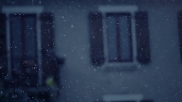 Schneefall Hausfassade Außen Bei Schneesturm Freien Blauer Ton — Stockvideo