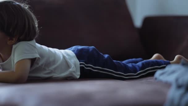 Küçük Bir Çocuk Pençe Divan Kameradan Ekranı Seyrediyor Odaklanmış Çocuk — Stok video