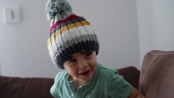One Happy Little Boy Wearing Knit Wool Beanie Indoors Cute — Stock Video