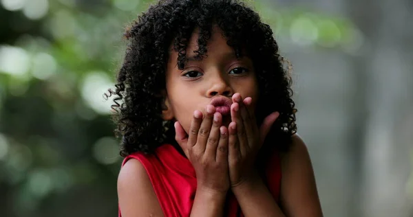 Kind Stuurt Kusjes Naar Camera Braziliaans Klein Kusje — Stockfoto