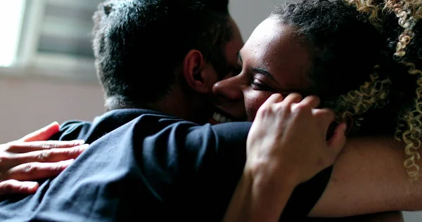 Loving Couple Embrace Hispanic Black Girl Hugging Boyfriend Candid Real — Stock Photo, Image