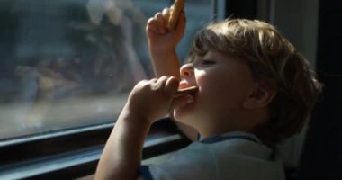 Trenle seyahat eden bir çocuk, elinde iki kurabiye tutarken pencereye yaslanmış, yanından geçen manzaraya bakıyor.