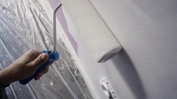 Primer Plano Persona Mano Sosteniendo Rodillo Pintura Haciendo Renovación Casa — Vídeo de stock