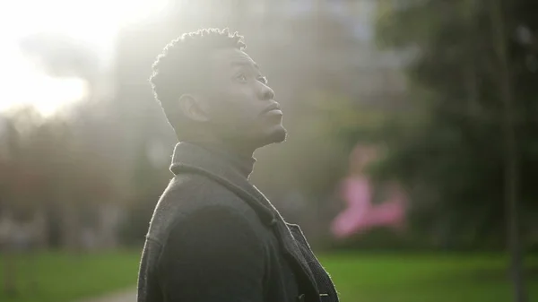 African Young Black Man Standing Park Looking Contemplation — Stock Fotó