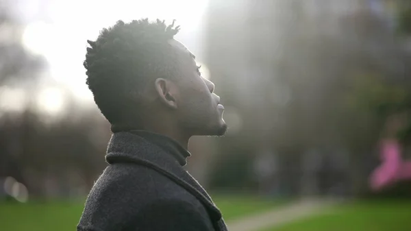 African Young Black Man Standing Park Looking Contemplation — ストック写真