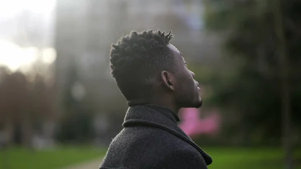 African Young Black Man Standing Park Looking Contemplation — 스톡 사진