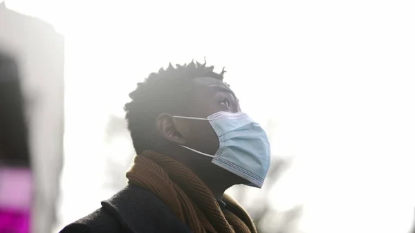 Black African Man Wearing Covid Face Mask Standing Street Looking — Stockfoto