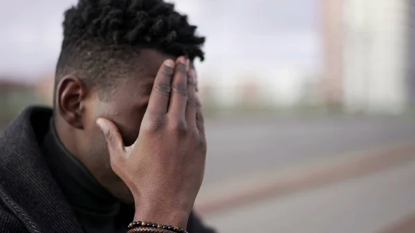Anxious Young Black Man Suffering Emotional Pain Sitting Sidewalk Street — Stock Fotó