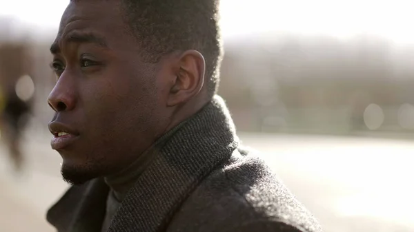 Anxious Young Black Man Suffering Emotional Pain Sitting Sidewalk Street — 图库照片