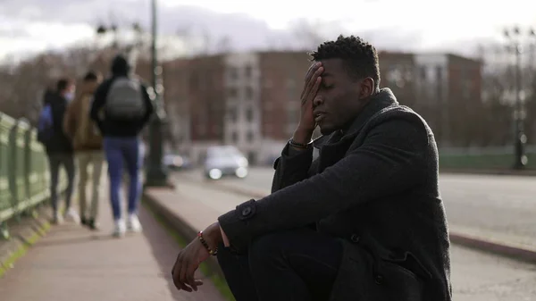 Anxious Young Black Man Suffering Emotional Pain Sitting Sidewalk Street — Zdjęcie stockowe