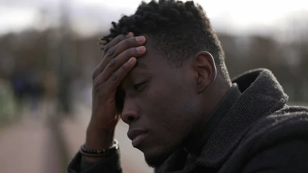 Anxious Young Black Man Suffering Emotional Pain Sitting Sidewalk Street — Foto Stock