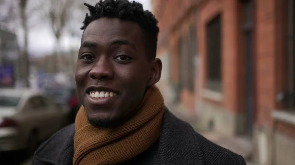 Black African Man Turning Head Camera Smiling Downtown City Sidewalk — Fotografia de Stock