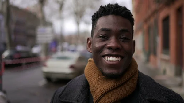 Black African Man Turning Head Camera Smiling Downtown City Sidewalk — Stock Photo, Image