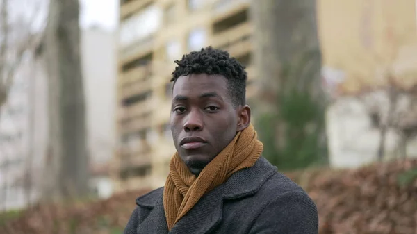 Black Man Looking Camera Portrait Tracking Shot Serious Emotion Elegant — Zdjęcie stockowe