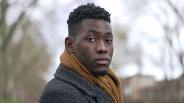 Black Man Looking Camera Portrait Tracking Shot Serious Emotion Elegant — ストック写真