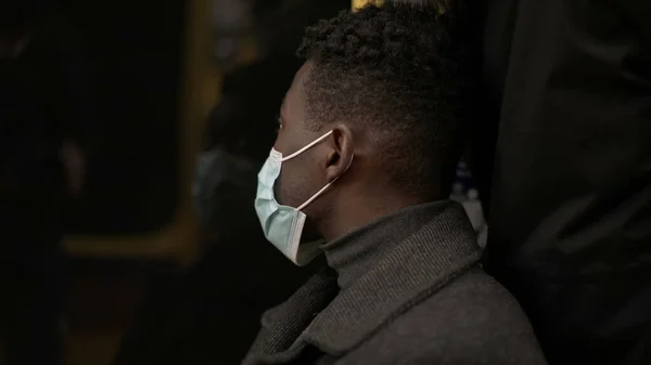 Black Man Commuter Subway Metro Looking Out Window Wearing Covid — 图库照片