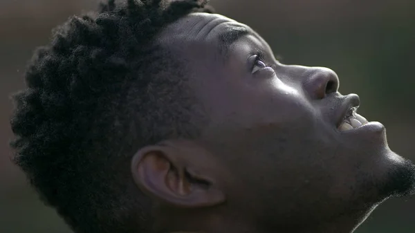 Black Man Taking Deep Breath Opening Eyes Looking Sky Smiling — Stok fotoğraf