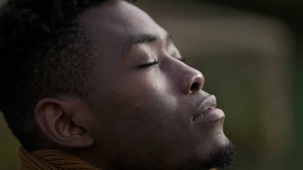 Black Man Taking Deep Breath Closing Eyes Meditating Eyes Closed — Foto de Stock