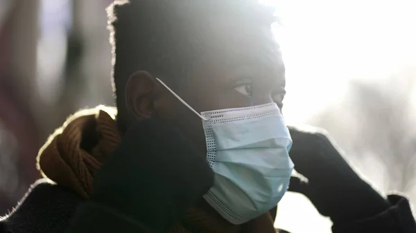 Black Man Removing Covid Surgical Face Mask End Pandemic Concept — Stockfoto