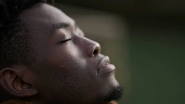Black Man Taking Deep Breath Closing Eyes Meditating Eyes Closed — Stock Fotó