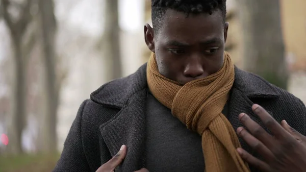 Black Man Putting Scarf Outdoors Winter Season African Guy Adjusting — ストック写真