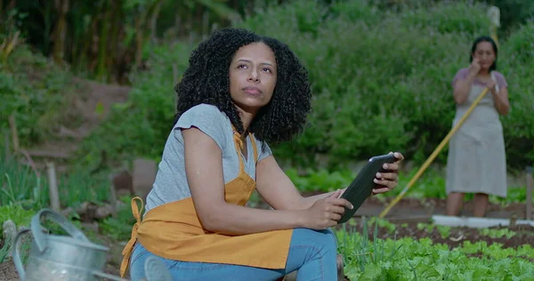 A pensive black woman at urban farm holding tablet. Thoughtful African American female person at local small business farm