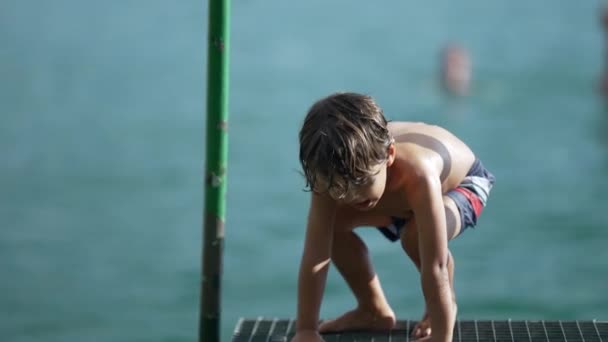 湿透了的小男孩站起来 跑到湖上的码头上 活泼的孩子在户外跑步 糖果和正宗 暑假假期 — 图库视频影像