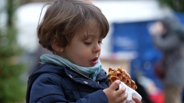 Mały Chłopiec Jedzący Gofry Świeżym Powietrzu Sezonie Zimowym Głodne Dziecko — Wideo stockowe