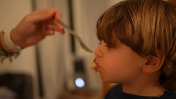 Child Spitting Food One Little Boy Wanting Eat Spaghetti Pasta — Stock Video