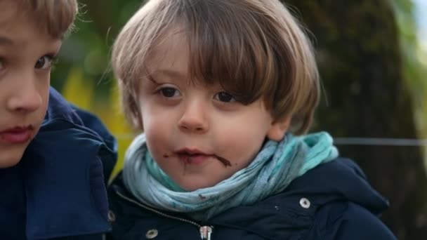 Small Boy Eating Belgium Street Food Winter Season Children Wearing — Stock Video