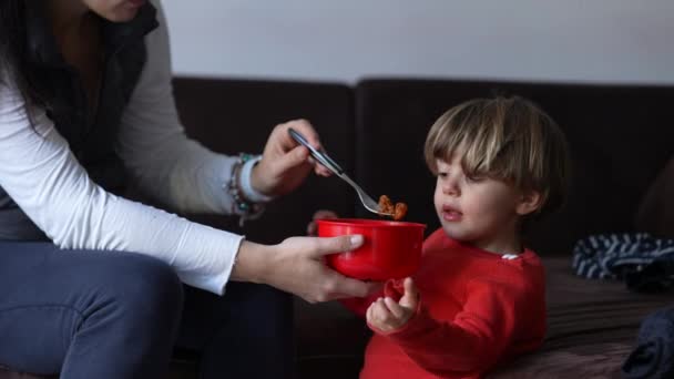 Matka Karmi Dziecko Lunchem Rodzic Daje Jedzenie Małemu Chłopcu — Wideo stockowe