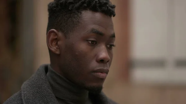 Contemplative Young Black Man Meditative Expression Close Face — ストック写真