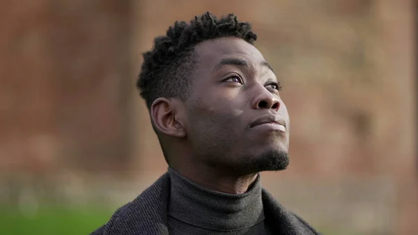 Contemplative Young African Black Man Standing Looking Sky Hope Faith — Stock Fotó