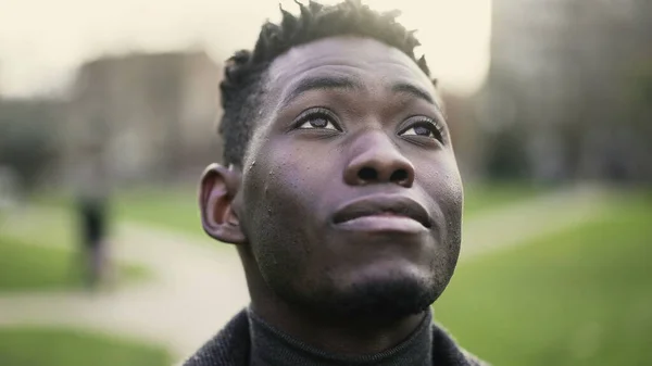 Contemplative Young African Black Man Standing Looking Sky Hope Faith — Φωτογραφία Αρχείου