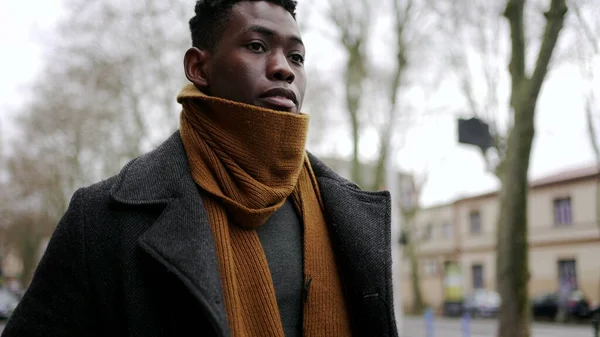 Elegant African Man Adjusting Clothes Walking Winter Europe — Stok fotoğraf