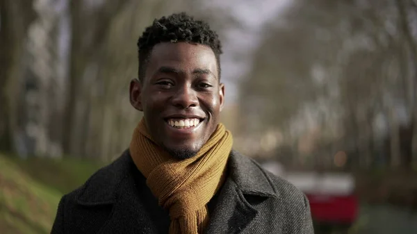 Confident Young Black African Man Walking Nature Park Winter Season — Stock Fotó