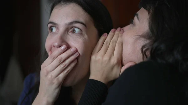 Friend Telling Secret Woman Ear Whispering Young Woman Shock Surprise — Foto de Stock