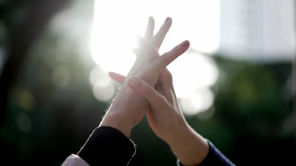 Two People Holding Hands Together Union Women Physical Connection Support — Foto Stock