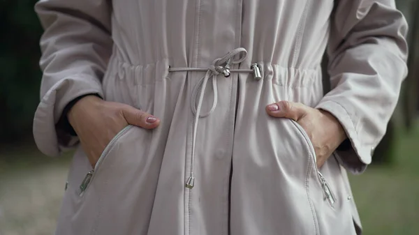 Woman Hands Coat Pocket Jacket Closeup Hand — Zdjęcie stockowe
