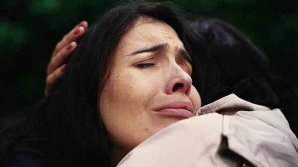Sorrowful Woman Closeup Face Negative Emotion Hugging Friend —  Fotos de Stock