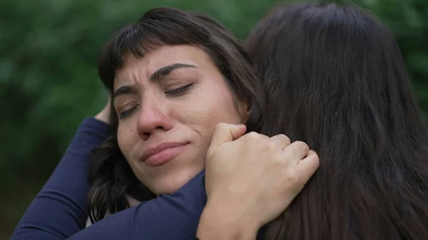 Sad Hispanic Woman Having Support Empathic Friend Two Latin Women — Stok fotoğraf