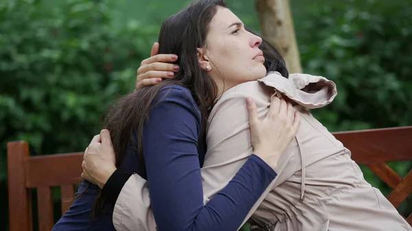Woman Helping Depressed Female Friend Hugging Support Two Women Embrace — Stok fotoğraf