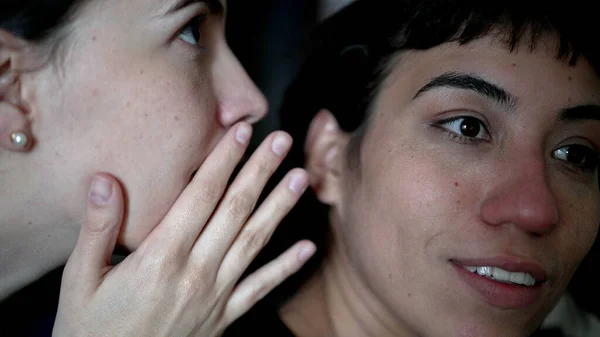 Women Sharing Rumor Whispering Secret Friend Ear Person Reaction Shock — Stok fotoğraf